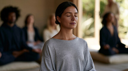 Fototapeta premium Group of adults in a mindfulness meditation class seated on cushions in a sunlit studio, eyes closed, hands resting on knees, instructor standing quietly near an open window, summer foliage visible 