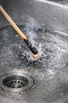 A wooden stick stuck in a sink drain, ideal for illustrations and designs where something needs to be pulled out
