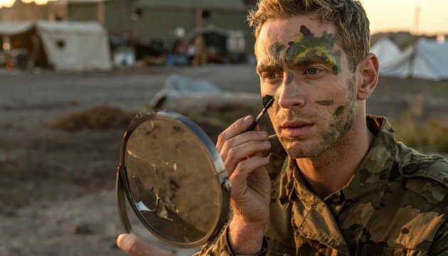 Soldier Applying Camouflage Face Paint While Looking Into a Small Cracked Mirror