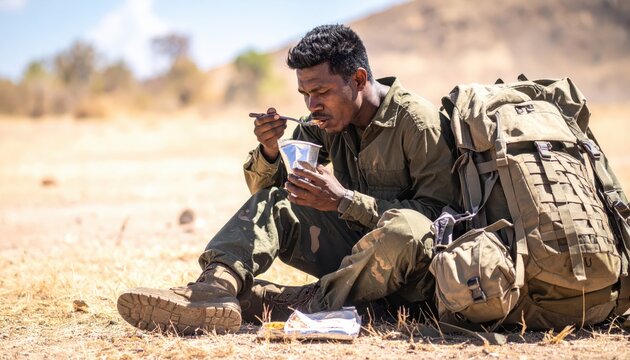 Soldier eating from an MRE pouch with a spork while sitting on the dry desert ground