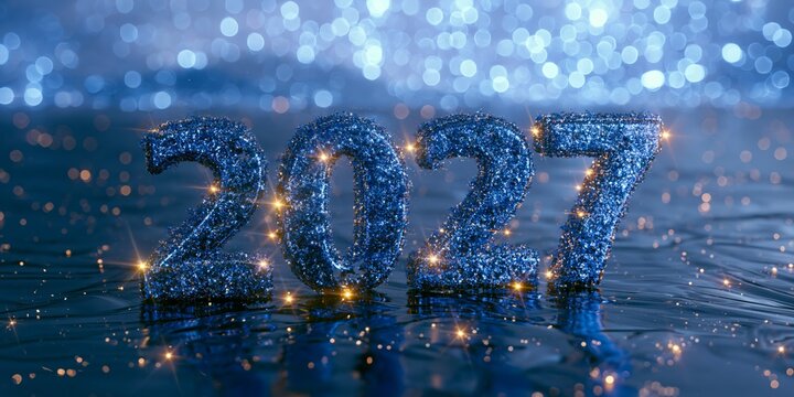 Glowing Blue 2027 New Year Numbers on Reflective Surface with Sparkling Bokeh Lights