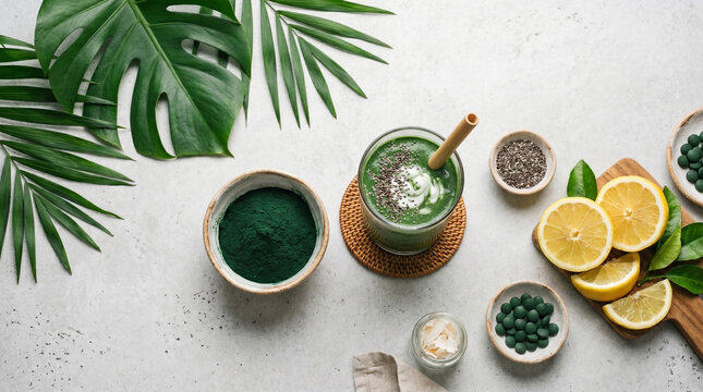 Green spirulina detox smoothie with ingredients on white stone background top view