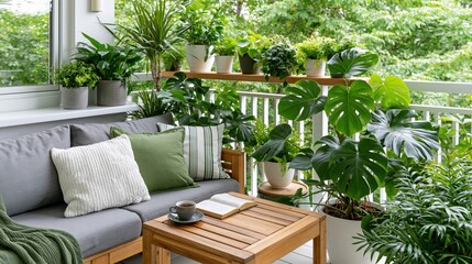 Fototapeta premium Lush Green Balcony Oasis with Comfortable Seating and Abundant Potted Plants and a Coffee Table