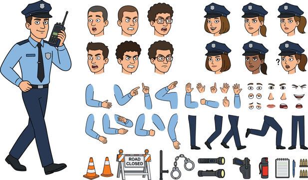 Police Officer Character Creator Set with Face, Body Parts, Expressions and Equipment for Law Enforcement and Security Themed Design Projects