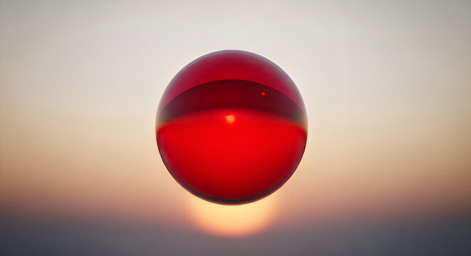 Red crystal ball floating with golden sun reflection at sunset