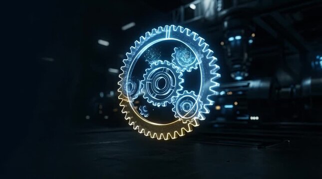 Glowing Holographic Gears Assembled in Dark Industrial Environment
