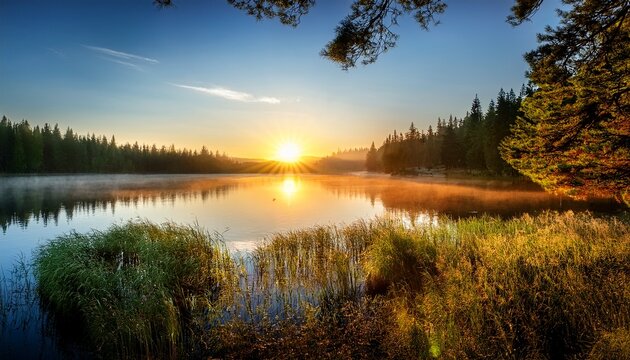 beautiful sunrise over lake in the forest