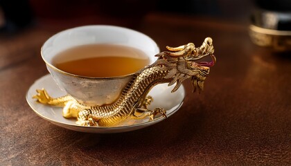 Naklejka premium golden dragon drinks tea in fine china