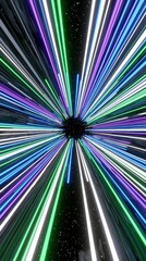 Fototapeta premium Vibrant neon light streaks converge in a futuristic abstract tunnel, creating a dynamic sense of speed and motion