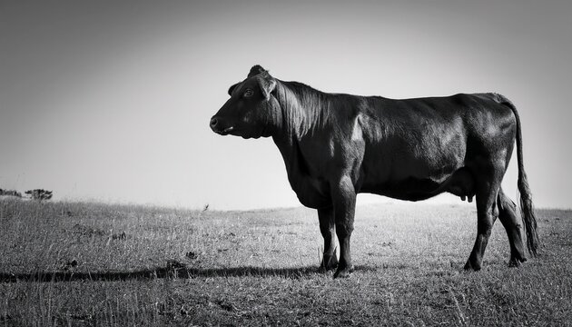 monochrome full length view of angus heifer featuring empty space on right