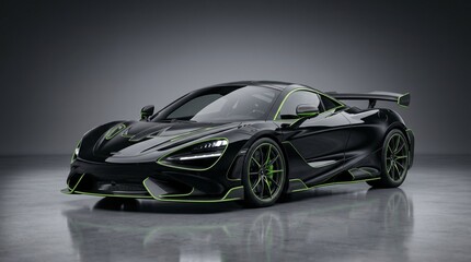 Naklejka premium Sleek Black Sports Car with Green Accents in Luxury Studio Lighting