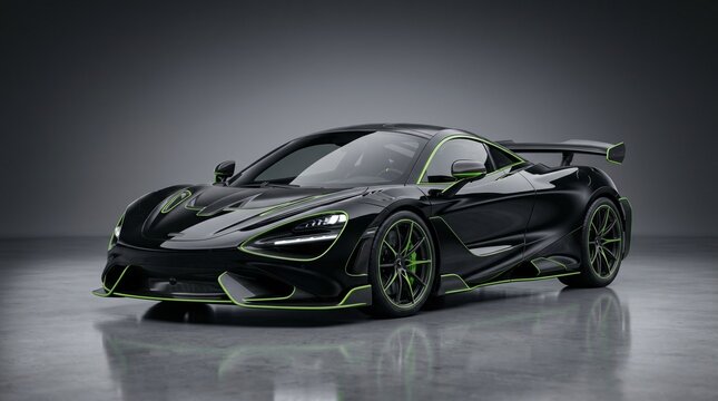 Sleek Black Sports Car with Green Accents in Luxury Studio Lighting