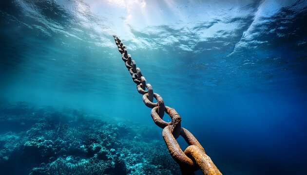 rusty chain underwater reaching sky