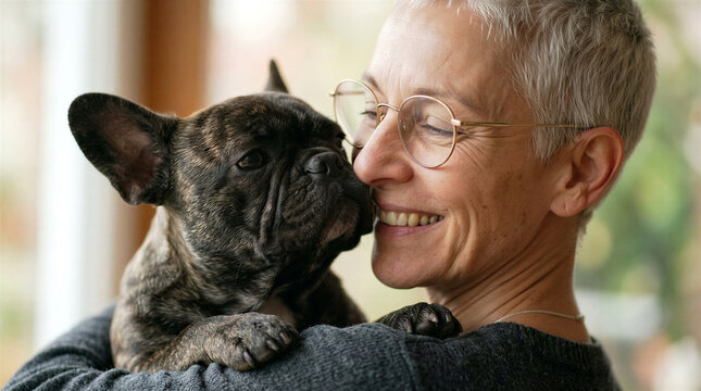 Elderly woman smiling while holding a French Bulldog indoors  