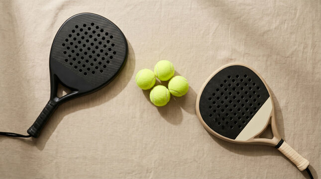 Professional padel rackets and yellow balls on a neutral linen background top view