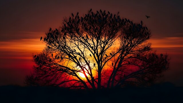 Tree stands silhouetted against a brilliant sunset sky as birds gather on the branches to rest for the evening.