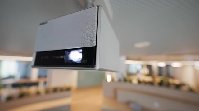 Ceiling-mounted projector illuminates a bright display in a modern office space, showcasing a seamless transition from idle state to active projection