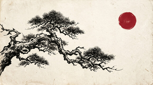 Traditional Japanese sumie ink painting of pine tree branch with red rising sun disc
