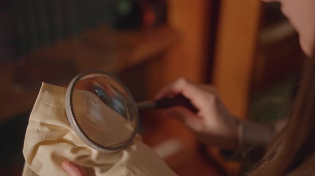 Caucasian appraiser examining red glass vase with magnifying glass over curved rim, careful inspection of surface and gilded detail in warm bookcase setting, methodical evaluation and documentation