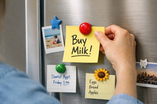 A person holding a sticky note on a refrigerator door, possibly jotting down notes or reminders