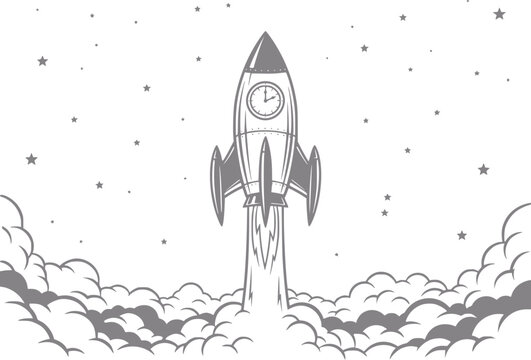 Retro rocket launching into starry sky with clouds and clock face
