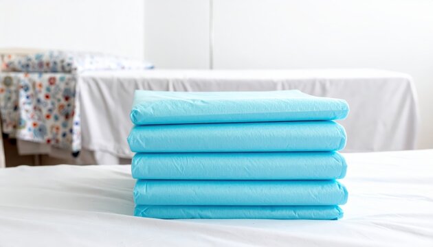 Stack of folded blue disposable underpads, also known as Chux pads, neatly arranged on a bed for hygiene and protection.