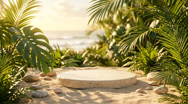 Tropical summer podium on sandy beach for product display