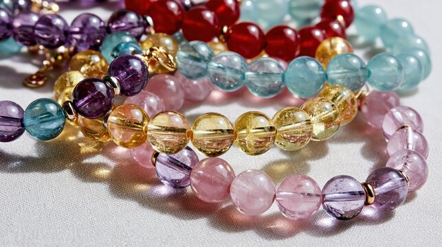 Assortment of colorful gemstone beaded bracelets laid out in a soft, natural light setting