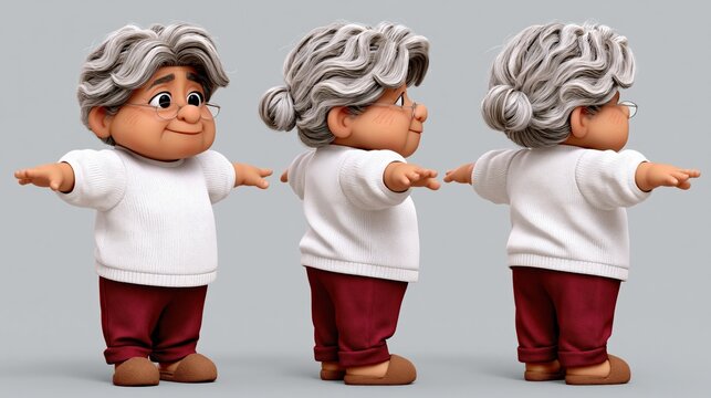 Charming 3D cartoon elderly woman character, front, side, and back view, t-pose, animated character concept