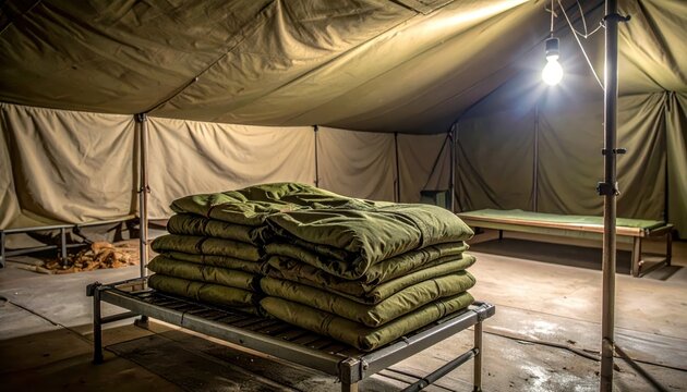 Stack of Folded Olive Drab Military Blankets on a Metal Cot Inside a Canvas Tent