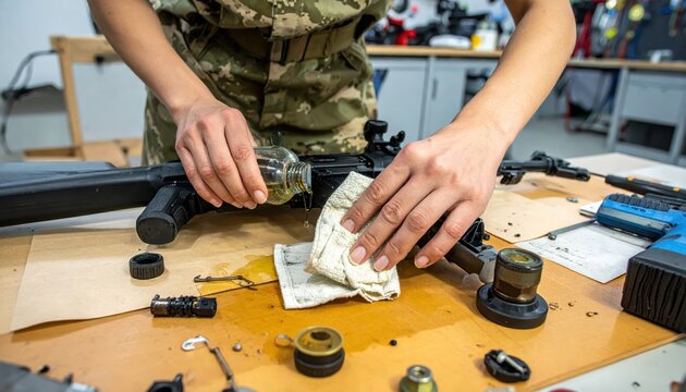 Soldier's hands meticulously cleaning components of a disassembled rifle with oil and cloth