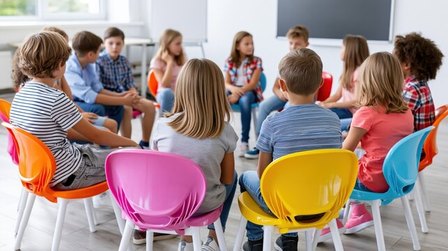 Diverse group of children sitting in a circle on colorful chairs, engaged in a classroom discussion or activity