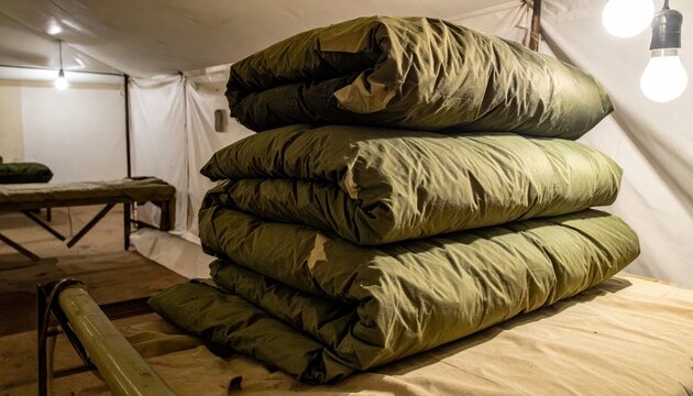 Stacked olive drab military sleeping blankets on a cot inside a canvas tent providing essential warmth and shelter for personnel.