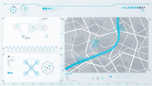Futuristic navigation map interface with cyan route path, street grid, data nodes, waveform charts, and dashboard panels on pale technical background
