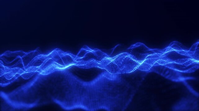Blue glowing particle mesh wave field on dark background, abstract digital data landscape loop for technology screens, science visuals, and corporate motion design