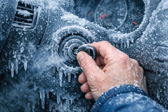 A person presses a button on a car covered in ice, likely to start the engine or unlock the vehicle