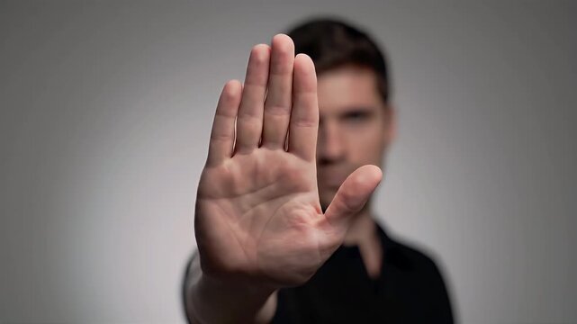 Man showing stop gesture with open palm, signaling refusal, boundary, or privacy