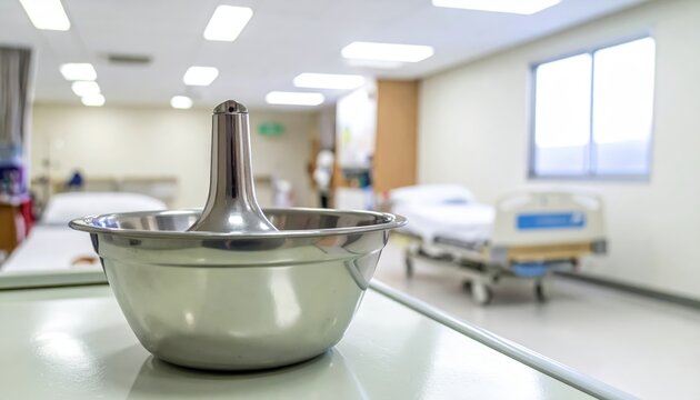 Stainless steel kidney-shaped emesis basin on a table in a hospital room with beds in the background