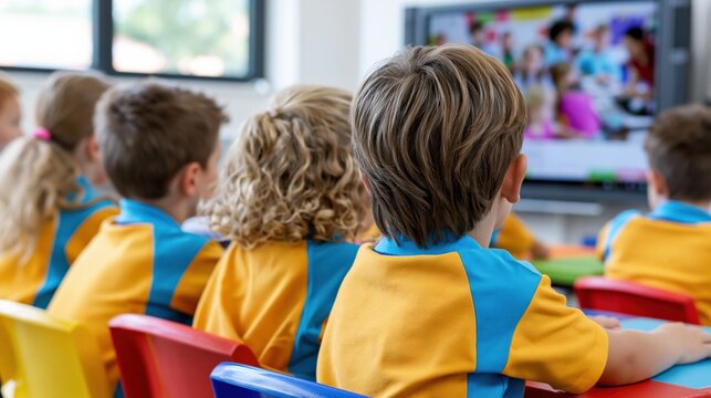 Diverse young students engaged in learning, watching educational content on a large screen in a modern classroom setting