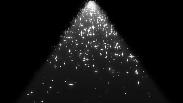 Shining christmas light effects with falling stars, merry christmas greeting video card, twinkling tree star glow, white glitter explosion, magic fairy dust trail, 4k seamless holiday animation