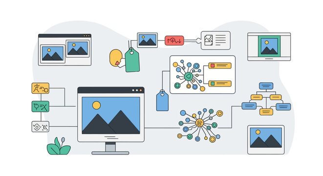 Conceptual vector illustration of an artificial intelligence system organizing digital photos and files, featuring a futuristic interface for automated asset management.