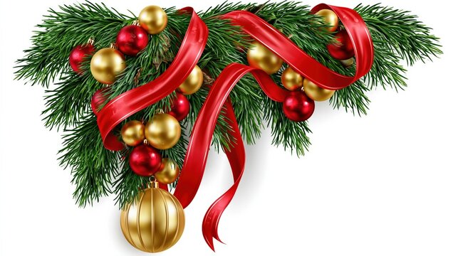 Festive Red and Gold Christmas Ornaments Adorned with Lush Greenery and a Silken Ribbon
