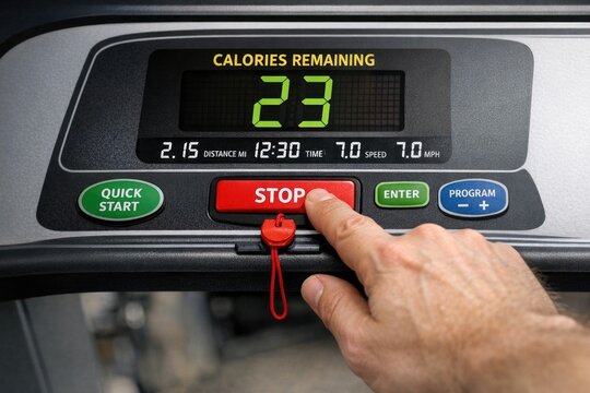 A person presses the stop button on a tread machine, interrupting production