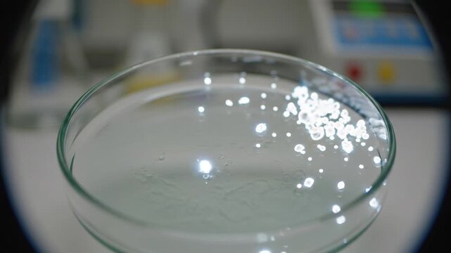 Close-up of a petri dish with clear liquid and small bubbles forming, science lab equipment in the background
