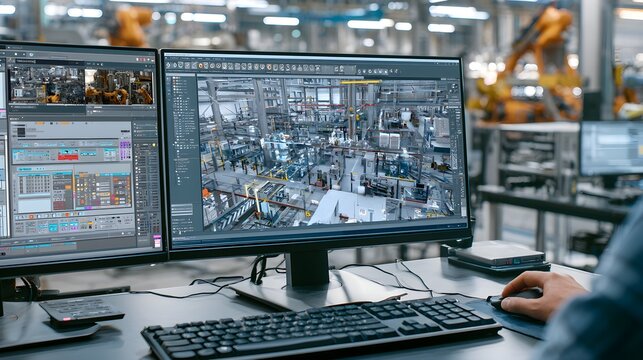 Digital desktop monitor showing a live overview of an automated factory production line and operational data