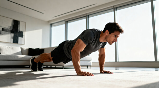 Home fitness routine, muscular man doing push-up exercise