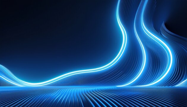 3d render abstract minimal neon background with glowing wavy line dark wall illuminated with led lamps blue futuristic wallpaper