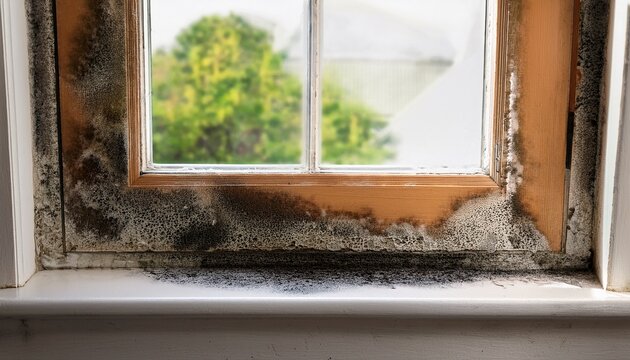 black mold growing on damp wall near window