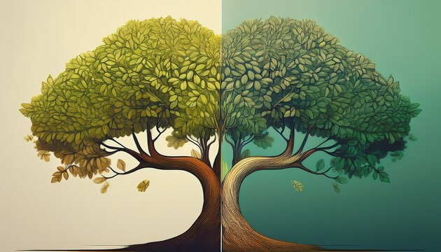 comparison of two different types of leafy trees with distinct trunks and canopies