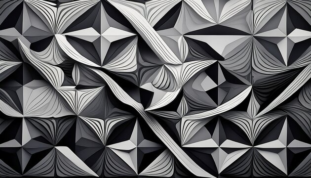 intricate black and white geometric pattern design featuring repeating abstract shapes